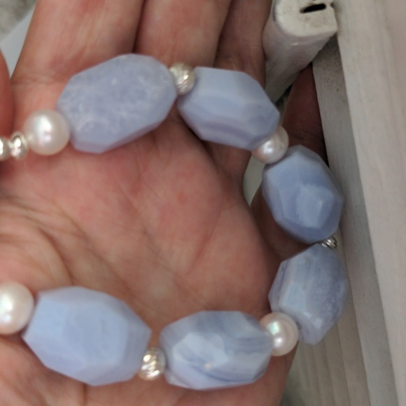 Sterling,& Blue Lace Agate Bracelet.  Freshwater pearls.  New, handcrafted - Picture 5 of 6
